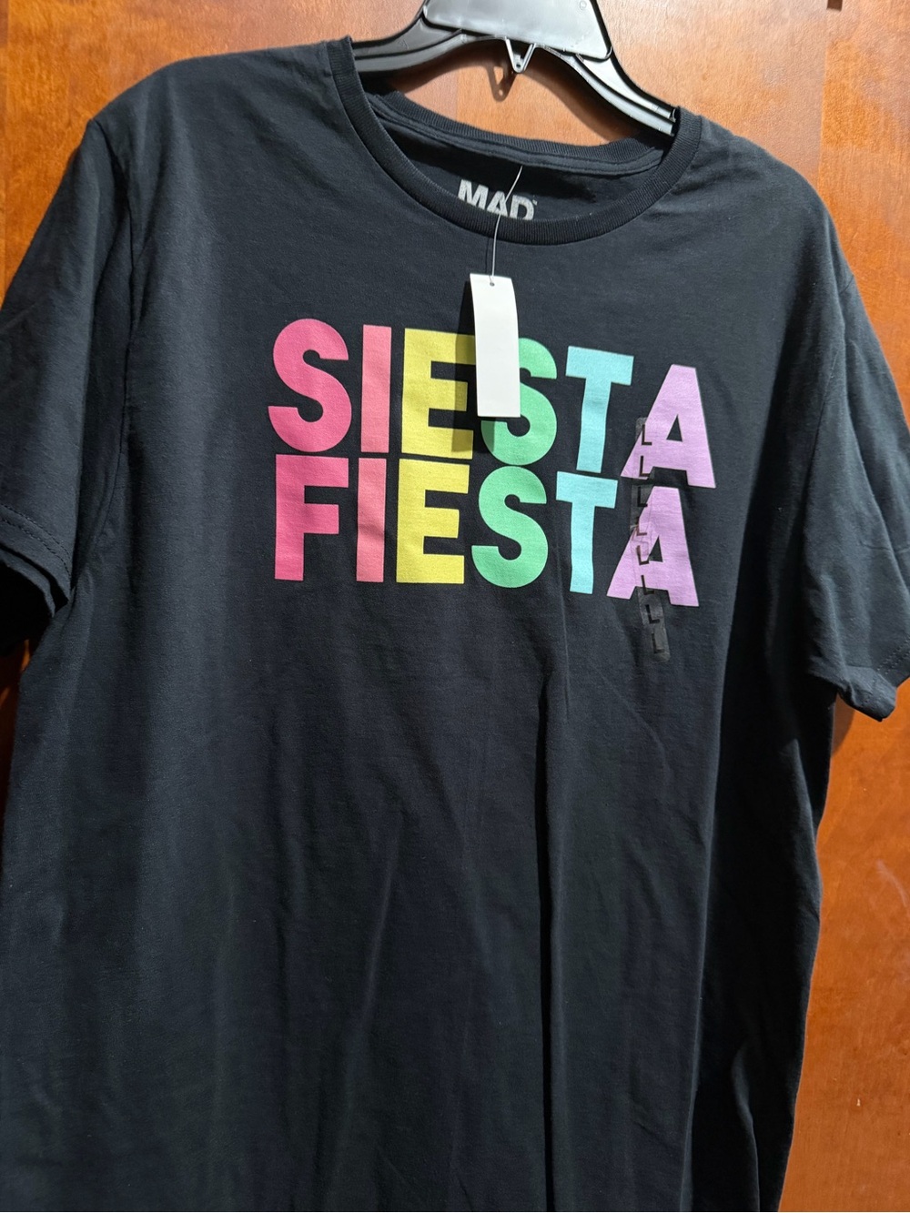 MAD Engine Black Tee with Multicolor 'Siesta Fiesta' Block Letters